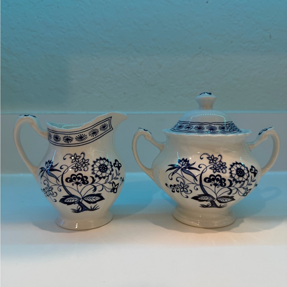 Blue and White Floral Creamer and Sugar Set